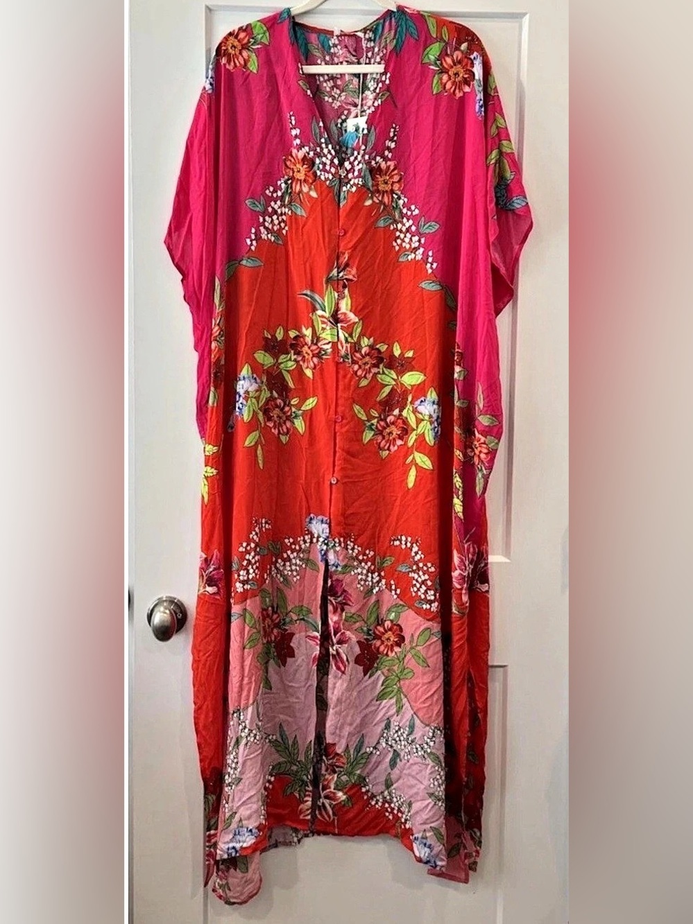 Johnny Was SW3032-21 Floral Maxi Kaftan Swim in Pink & Red S/M NWT